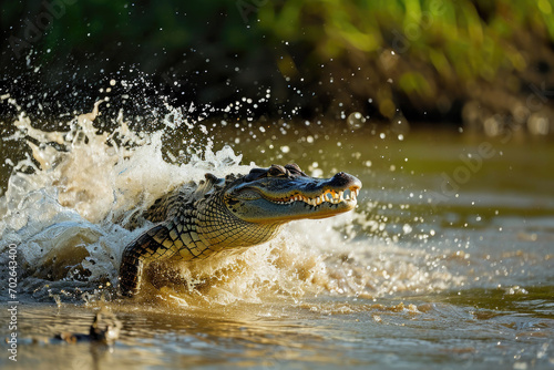 A crocodile launching itself from the water to catch prey