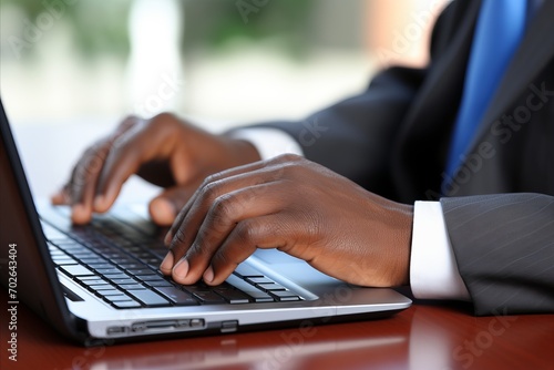Close-up of dark-skinned office worker hands typing on a computer keyboard in a modern office setting