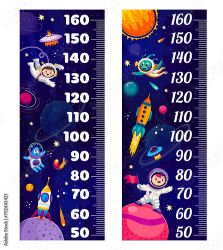 Kids height measure chart ruler with galaxy planets, astronauts and space rocket, vector growth meter. Kids in outer space on spaceship with alien martian UFO in galaxy sky for baby tall measure ruler