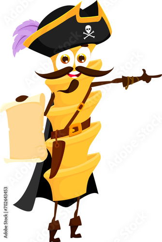 Cartoon italian fusilli pasta pirate captain character with treasure island map. Vector macaroni food corsair personage with tricorn hat showing direction. Funny pasta pirate emoji, Italy cuisine meal