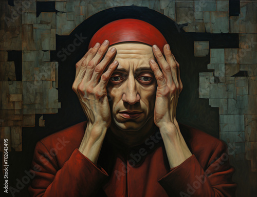 A man holding his hand under the head, in the style of incisioni series, sharp focus

 photo