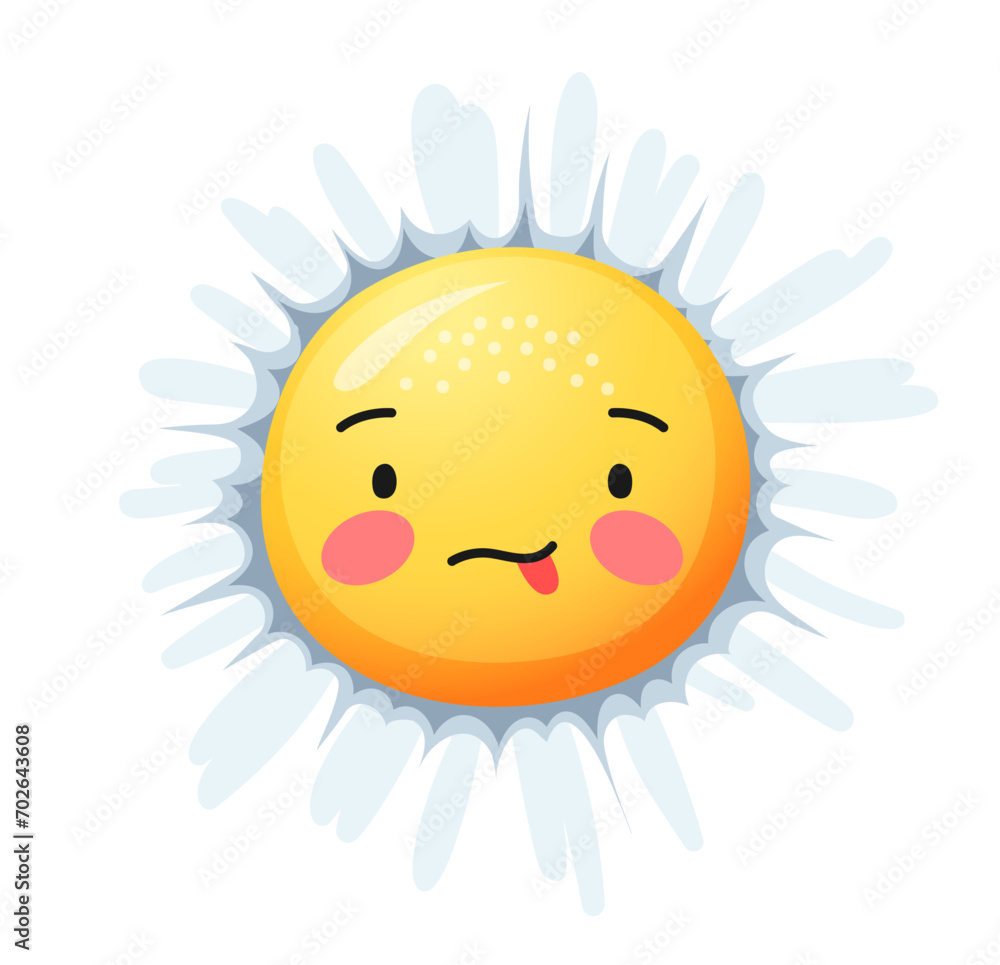 Cartoon chamomile smile, daisy flower or funny camomile character, vector emoji face. Chamomile or daisy flower baby emoticon with white petals and shy blush on cheeks for kids mascot