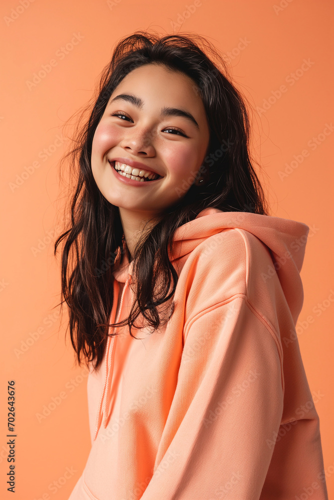 Asian happy teenage girl wearing hoodie on peach background Asian happy teenage girl wearing hoodie on peach background