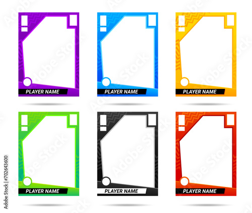 Sport trading card frames, team player photo picture vector templates. Sportsman or game player sport trading cards with copy space background and name layouts collection with rectangle blank design
