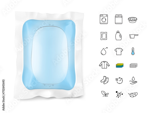 Laundry gel capsule pod for washing machine with set icons. Vector illustration isolated on white background.  Ready for your design. EPS10.
