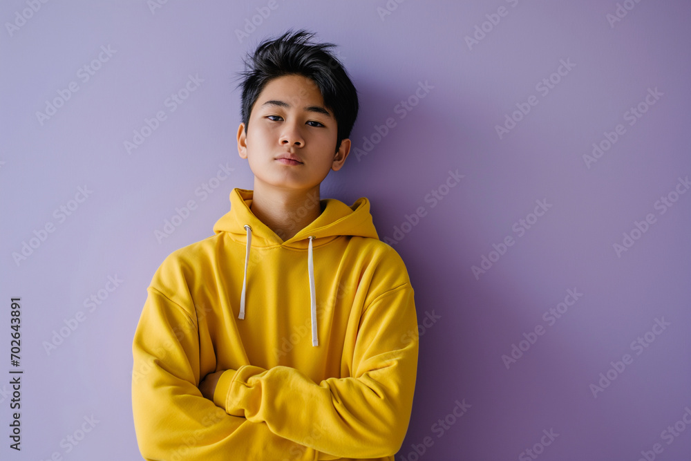 Asian serious teenage boy wearing yellow hoodie on purple background Asian serious teenage boy wearing yellow hoodie on purple background