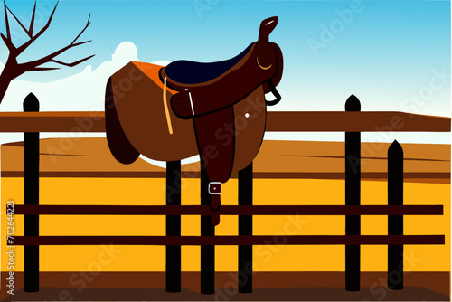 Saddle on a wooden fence. vektor icon illustation