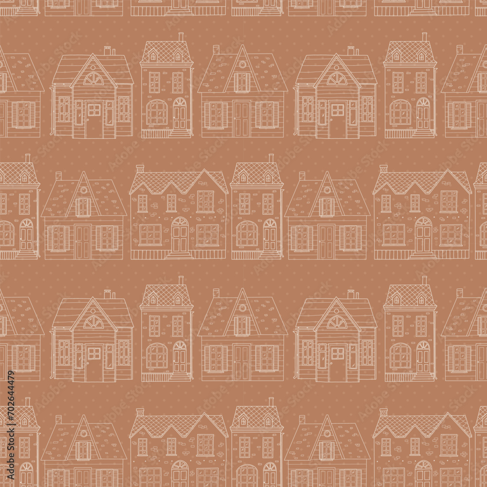 cute cottages in neighborhood seamless pattern for textile prints, home decor, wallpaper, scrapbooking, stationary, packaging, etc. EPS 10