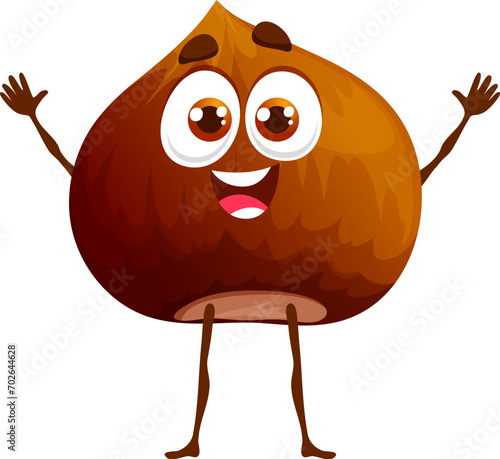 Cartoon hazelnut keto diet food character. Ripe nut cheerful personage, isolated fresh hazelnut happy smiling vector mascot or keto, vegetarian diet food comical character