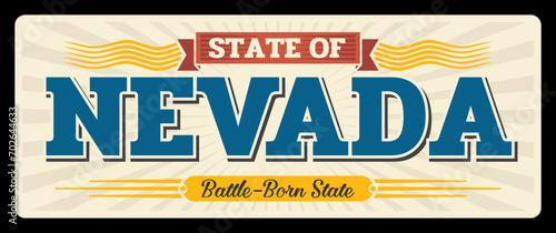 USA Nevada vintage vector sign, retro travel plate. American state travel and tourism destination, battle born old greeting banner and postcard design. Carson City capital, Las Vegas city