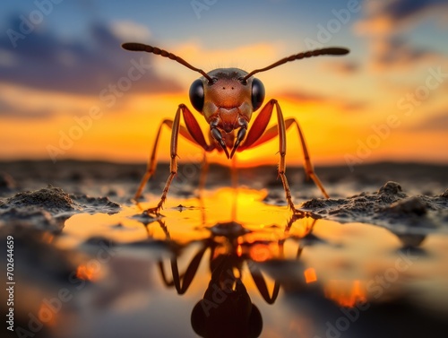 A wasp is reflected in the water at sunset. Generative AI.