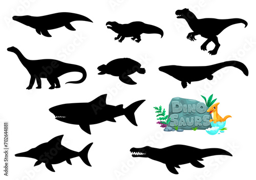Cartoon dinosaurs reptiles character silhouettes. Prehistoric reptile vector personages. Liopleurodon, Kronosaurus, Ophthalmosaurus and Hyperodapedon, Megalodon, Tylosaurus dinosaurs silhouettes