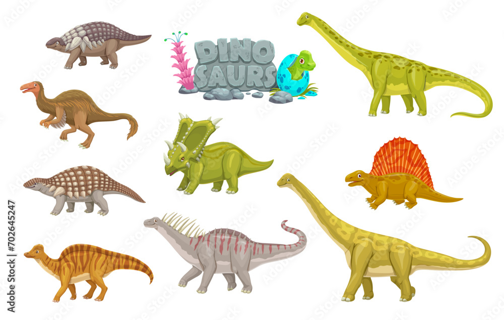 Cartoon dinosaurs animals funny characters. Prehistorical reptiles, extinct animals vector cute mascots. Panoplosaurus, Deinocheirus, Nodosaurus and Amargasaurus, Chasmosaurus, Dimetrodon personages