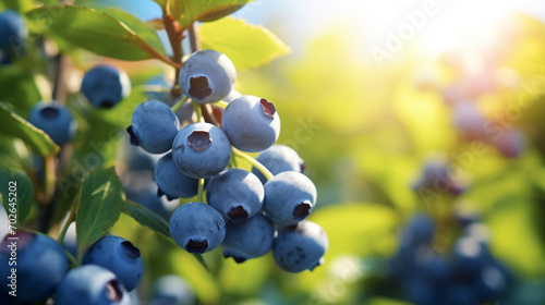 Ripe blueberry in the plantation with the sun rays in harvesting time. Created using generative AI.