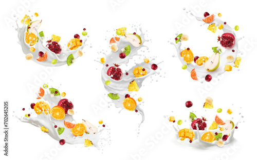 Realistic milk wave splash and ripe fruits, vector 3d drink and food. White milk shake or cream dessert flow, swirl and crown splash with mango, pineapple, banana and kiwi, cherry and pear fruits