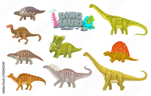 Cartoon dinosaurs animals funny characters. Prehistorical reptiles  extinct animals vector cute mascots. Panoplosaurus  Deinocheirus  Nodosaurus and Amargasaurus  Chasmosaurus  Dimetrodon personages