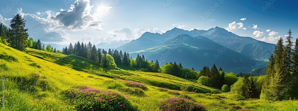 Idyllic mountain landscape in the Alps with blooming meadows in summer springtime - obrazy, fototapety, plakaty 