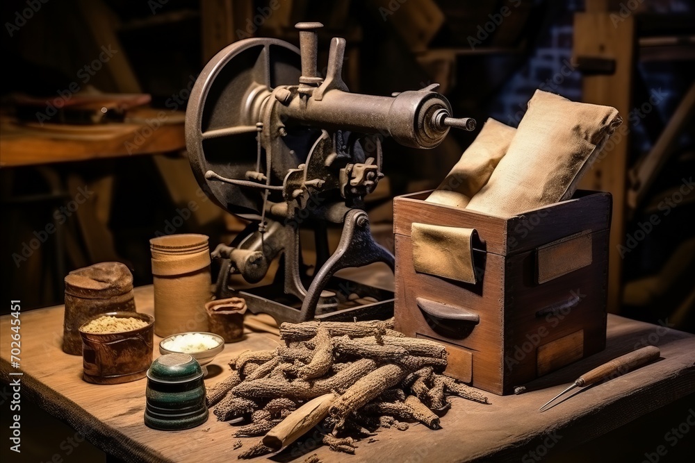 Fototapeta premium Old-fashioned tobacco processing tools and handmade cigars laid out on a rustic table, reminiscent of a bygone era