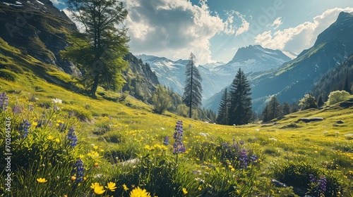 Canvas-taulu Idyllic mountain landscape in the Alps with blooming meadows in summer springtim