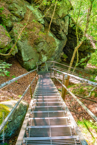 Metal Staircase at Papststein Sandstone Rocks in Magical enchanted fairytale forest with fern, moss, lichen at the hiking trail Malerweg and in the national park Saxon Switzerland, Germany