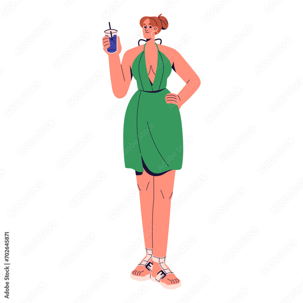 Happy girl wearing dress with deep neckline. Pretty young woman in summer outfit holds cool drink glass. Fashion person in sandals posing with refreshments. Flat isolated vector illustration on white