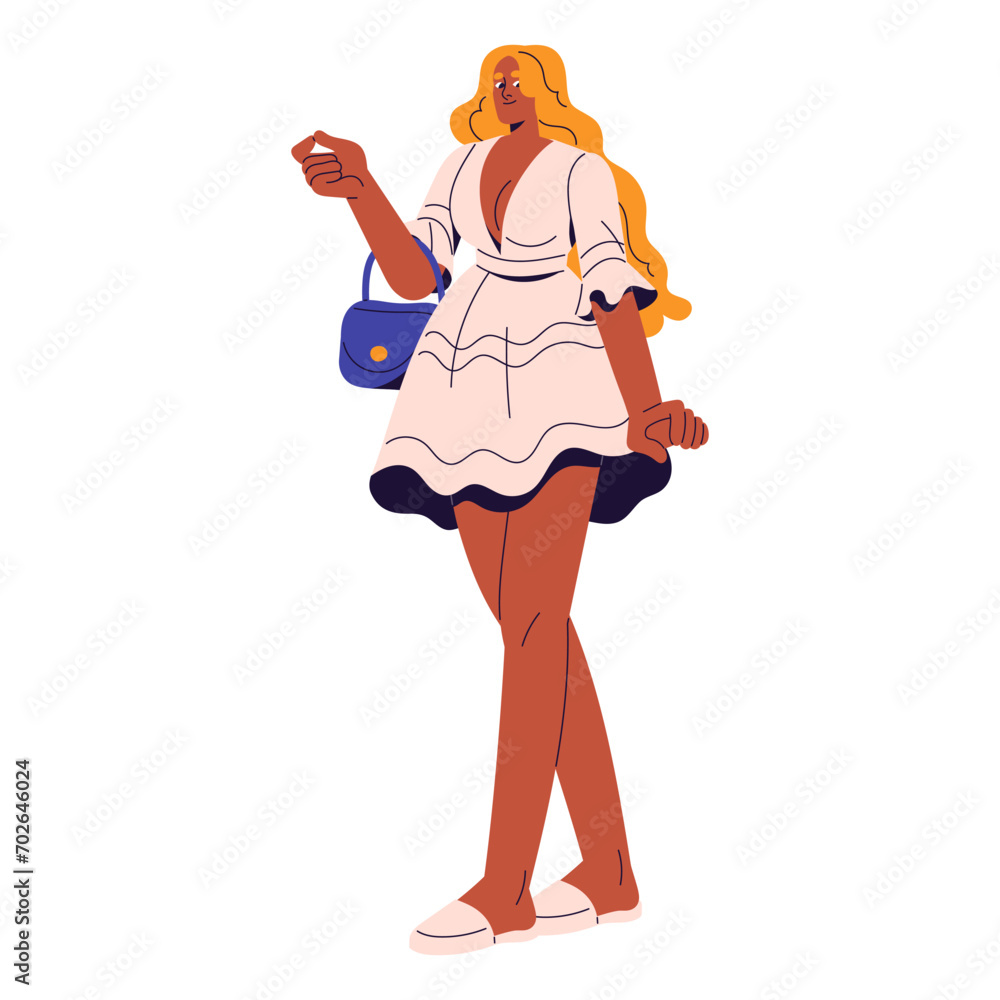 Happy girl wearing short dress with deep neckline. Blonde young woman in summer outfit carrying stylish bag. Fashion person in cute urban clothes walking. Flat isolated vector illustration on white