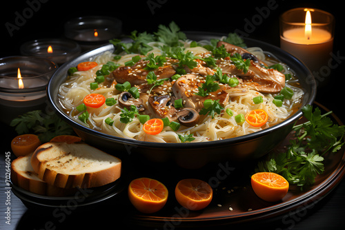 The Coziest Chicken Noodle Soup, dramatic studio lighting and a shallow depth of field. Placed on a reflective black surface.no.02