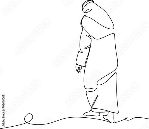 Linear drawing - a prayer of a Muslim with his back turned. Ramadan Kareem greeting cards, posters and banners.