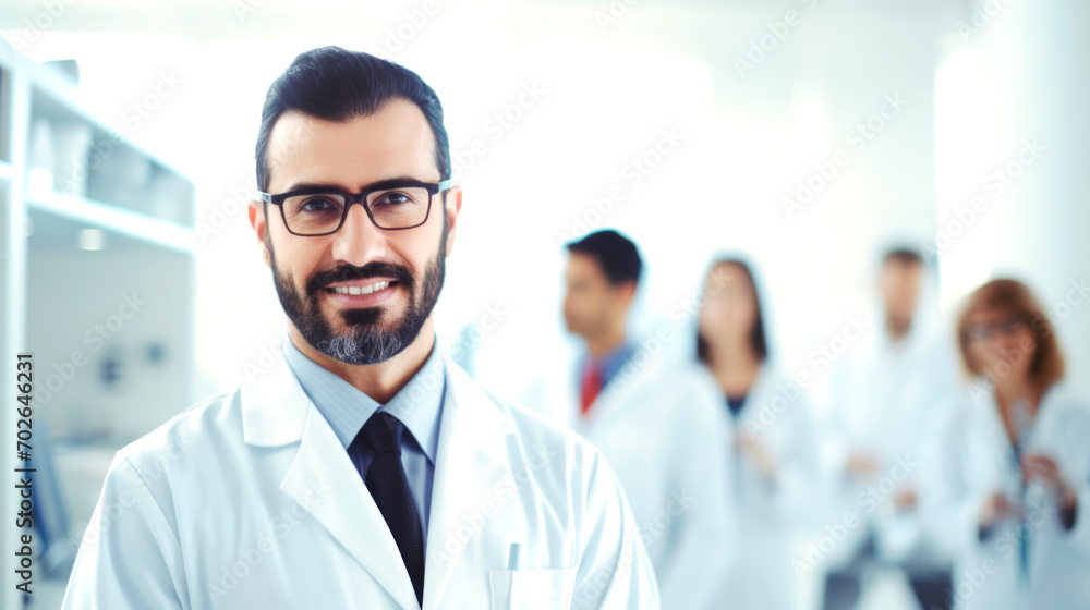 Portrait of happy arabic doctor handsome a man in workwear posing at modern clinic. AI generated