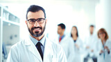 Portrait of happy arabic doctor handsome a man in workwear posing at modern clinic. AI generated