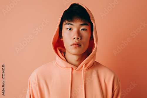 Asian happy teenage girl wearing hoodie on peach background