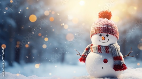 Cute snowman in a hat and knitted scarf. Winter background with copy space. Generative Ai © Nakron