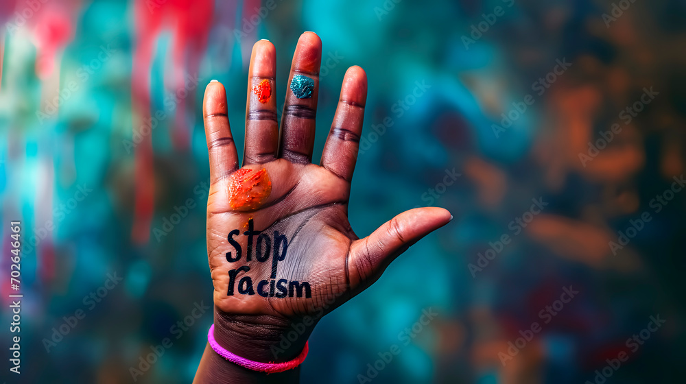 A hand with the words stop racism written. Space for text - obrazy, fototapety, plakaty 