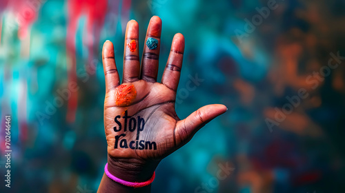 A hand with the words stop racism written. Space for text