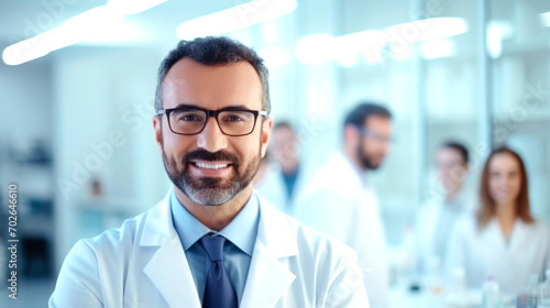 Portrait of happy arabic doctor handsome a man in workwear posing at modern clinic. AI generated photo