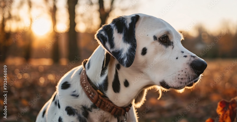 Animal Portrail of Dalmatian during late autumn sunset with a sun flares in the background.