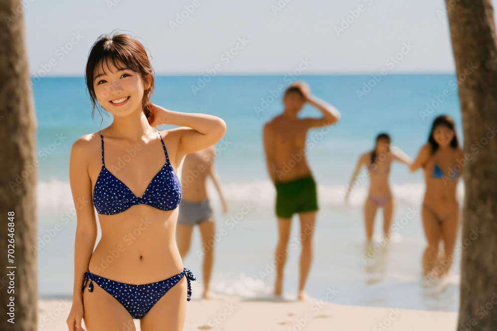 青空をバックに健康的に微笑むビキニ姿の若い日本人女性