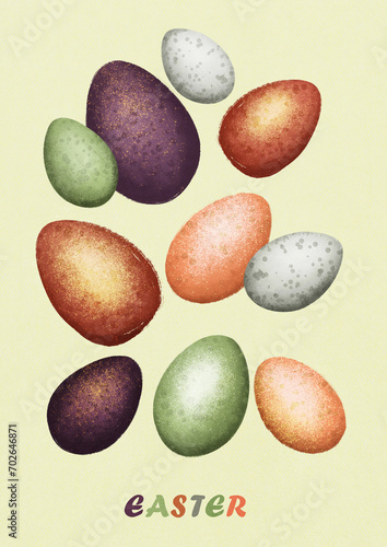 Greeting card or poster or invitation with spring set abstraction collection colorful eggs for an Easter gift
