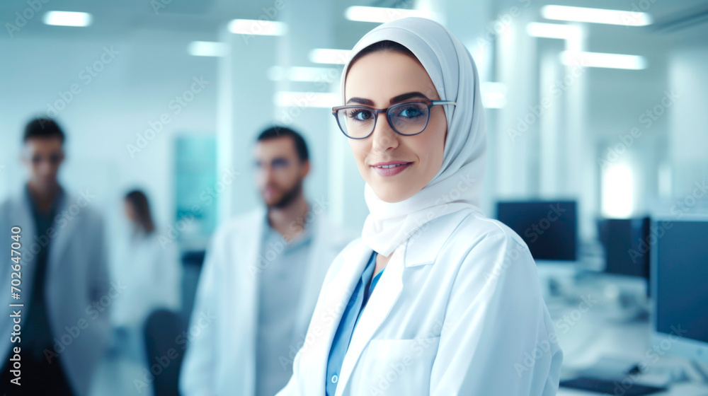 Portrait of happy and beautiful Muslim Arab female doctor, looking at the camera, smiling. AI generated