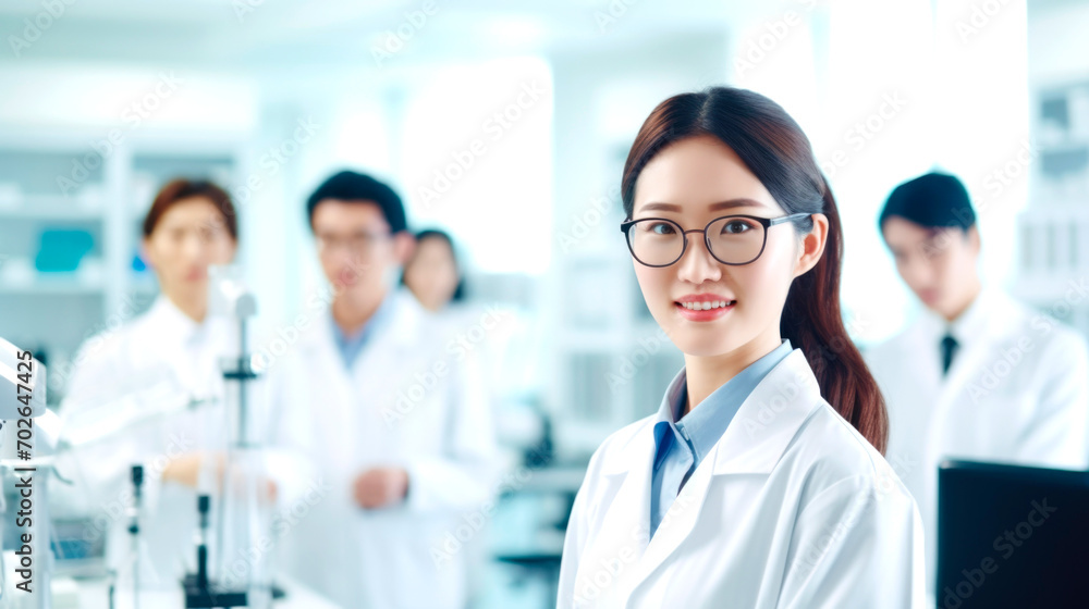 Professional beautiful young asian woman doctor standing with arms crossed smiling looking at the camera. AI generated Professional beautiful young asian woman doctor standing with arms crossed smiling looking at the camera. AI generated