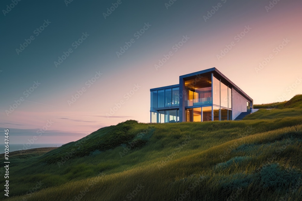 Modern house on a grassy hill at dusk Modern house on a grassy hill at dusk