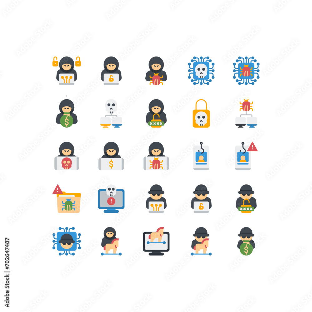 Obraz premium Set of incognito hacker hacking flat Icon, Logo, and illustration Vector