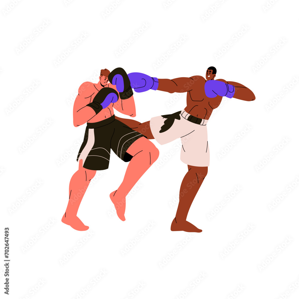 Muay Thai competition. Japanese martial art. Kickboxing fighters training, sparring. Professional boxer in boxing gloves fight, kick, punch competitor. Flat isolated vector illustration on white