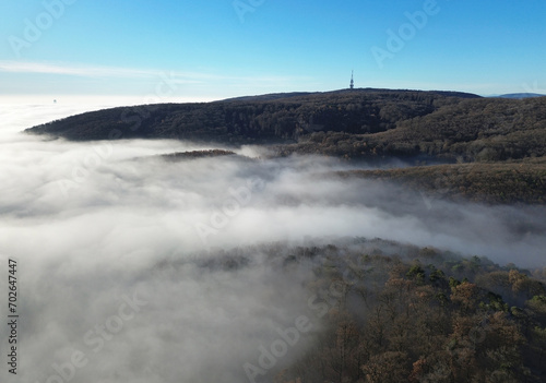View over clouds of the radio tower Kamzik in Bratislava, Slovakia