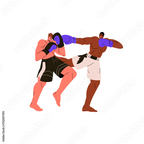 Muay Thai competition. Japanese martial art. Kickboxing fighters training, sparring. Professional boxer in boxing gloves fight, kick, punch competitor. Flat isolated vector illustration on white