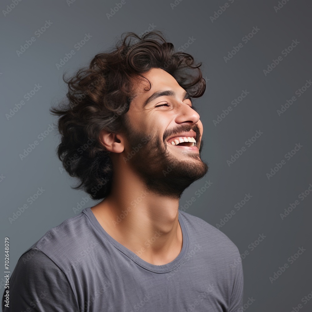 Middle-Eastern Young Mans Portrait smile. White teeth. gray background.