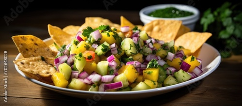 Chips served with pineapple, cucumber, jalapeno, and red onion salsa.