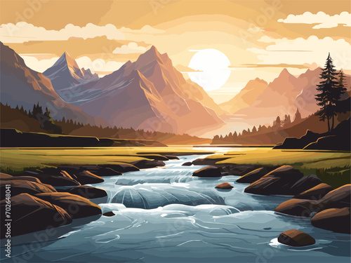 "Generate a highly detailed vector illustration of a serene river flowing at the base of a majestic mountain, capturing the play of light and shadow on the water's surface during the golden hour."

