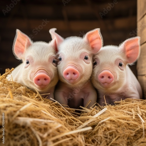 A group of very adorable piglets snuggled together in a cozy hay bed. © crazyass