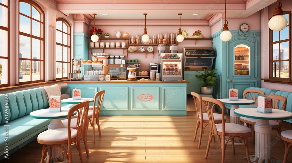 Cozy pink and blue retro diner interior with large windows